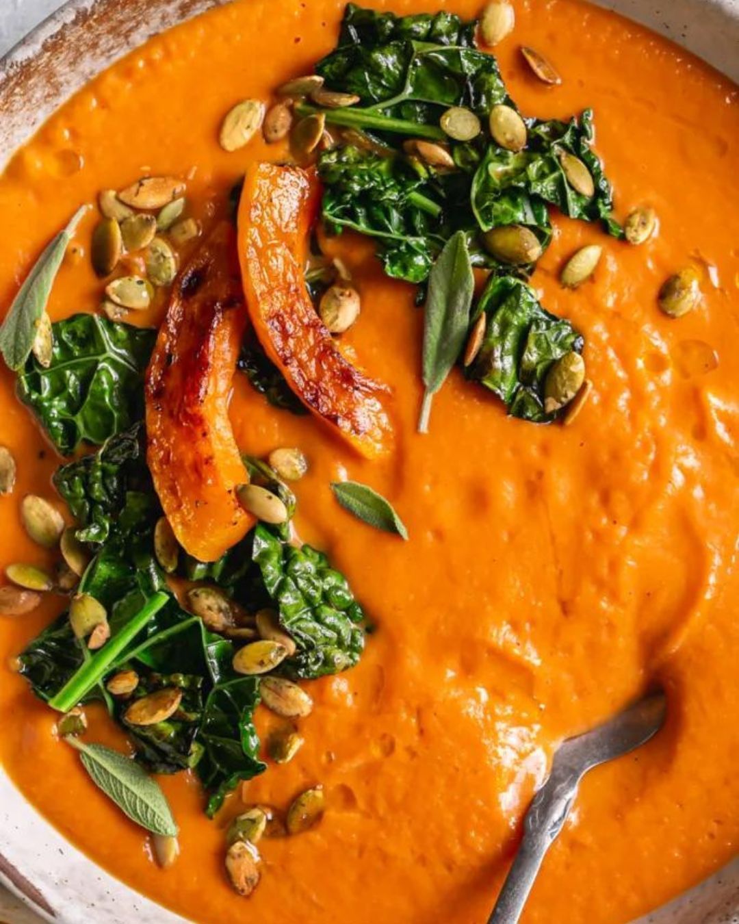 Roasted Butternut Squash Tomato Soup with Crispy Kale