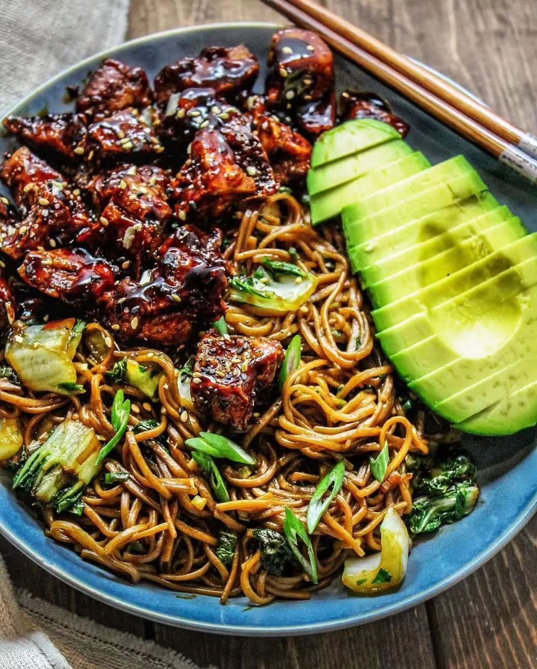 Sweet and Sour Tofu Soba Stir Fry with Avocado