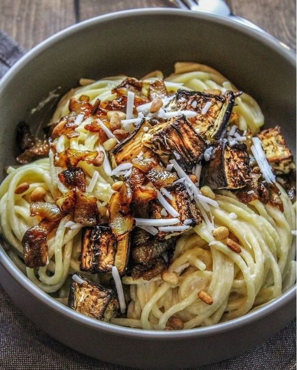 Creamy Pasta with Caramelized Onions, Crispy Aubergine and Pine Nuts