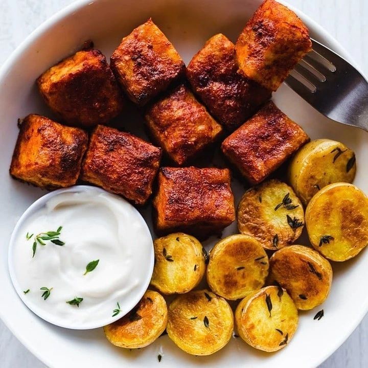 Buffalo Tofu with Pan-Roasted Thyme Potatoes