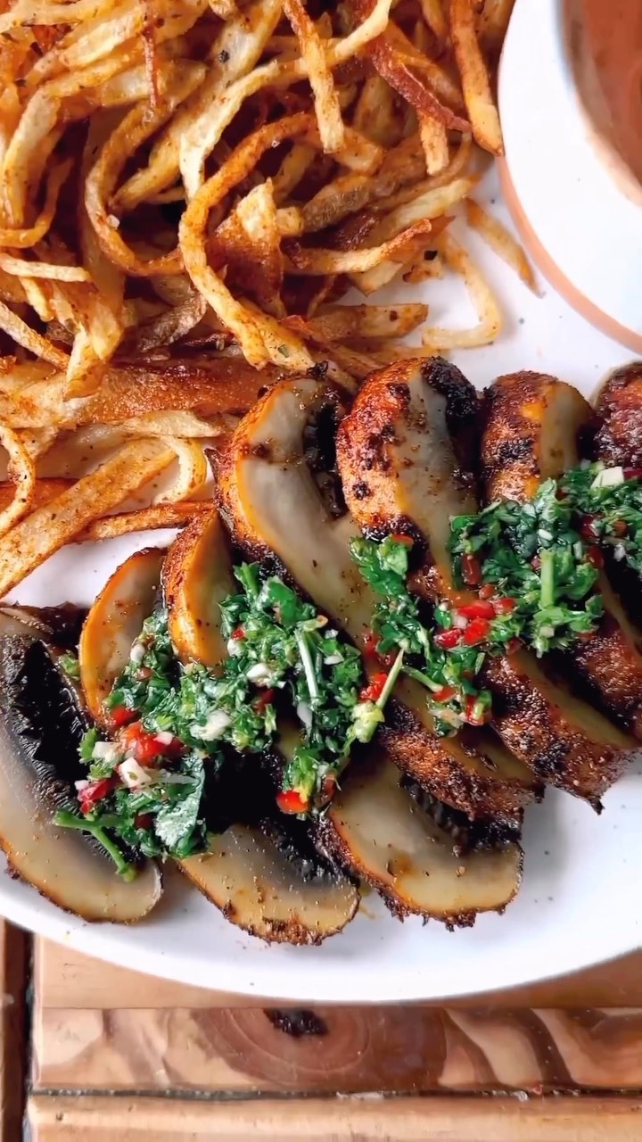 Dry Rub Portobello Steak with Shoestring Fries and Chimichurri
