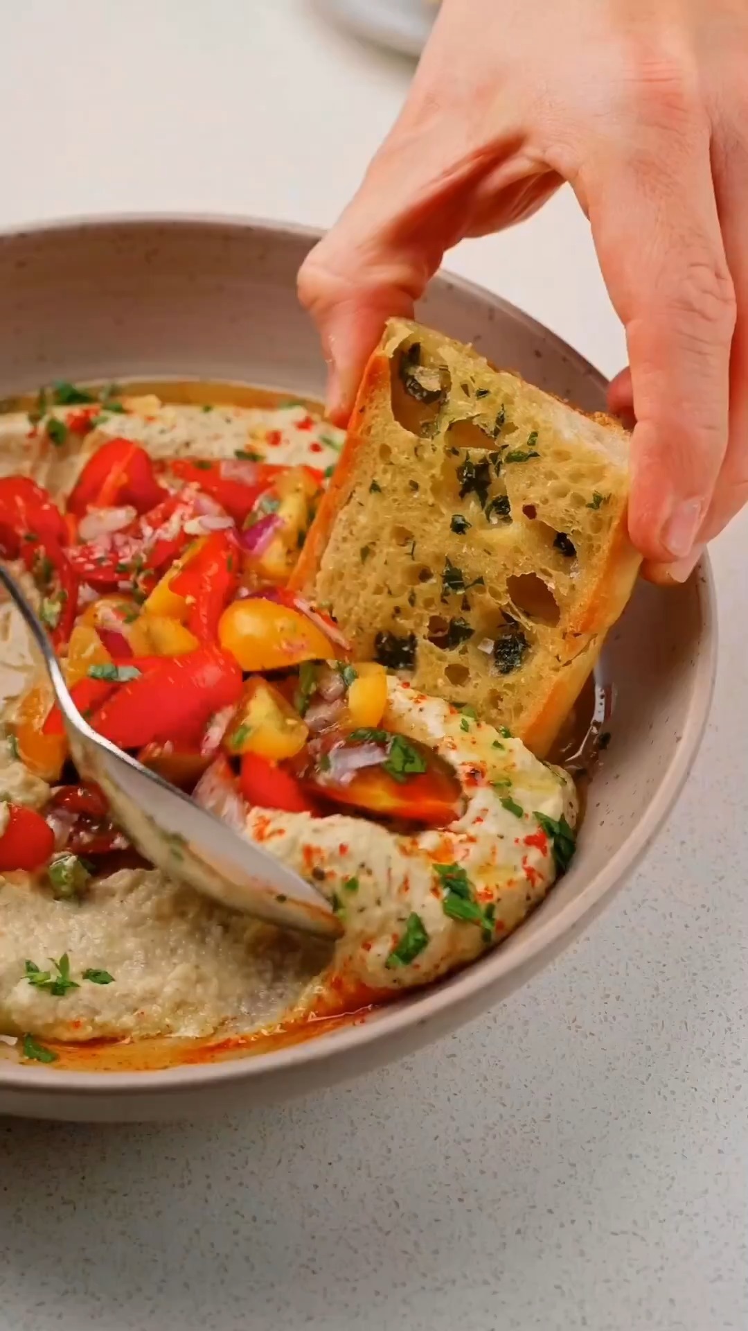 Herb Garlic Baguette with Roasted Eggplant Dip
