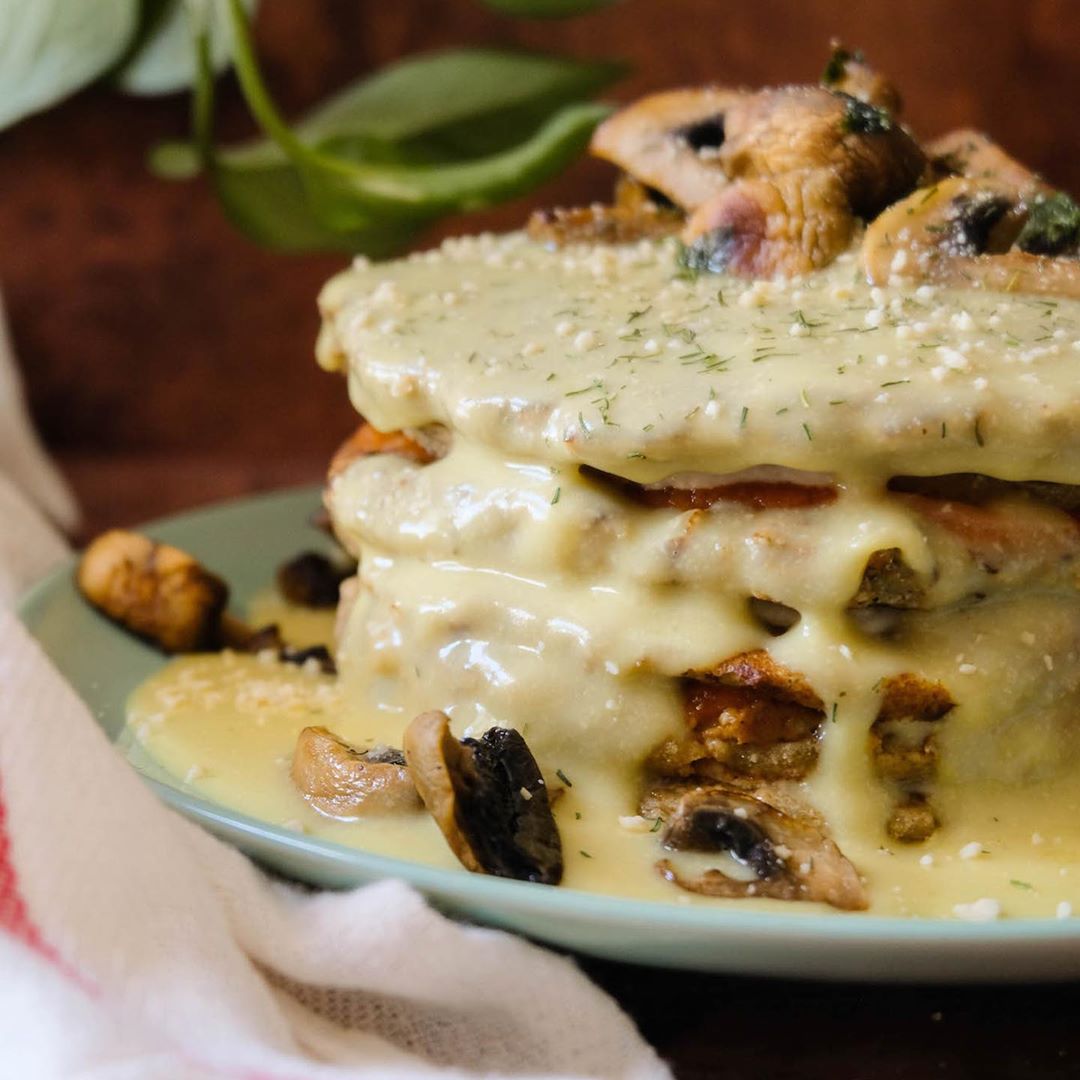 Savory Vegan Pancake with Garlic and Cheese Sauce