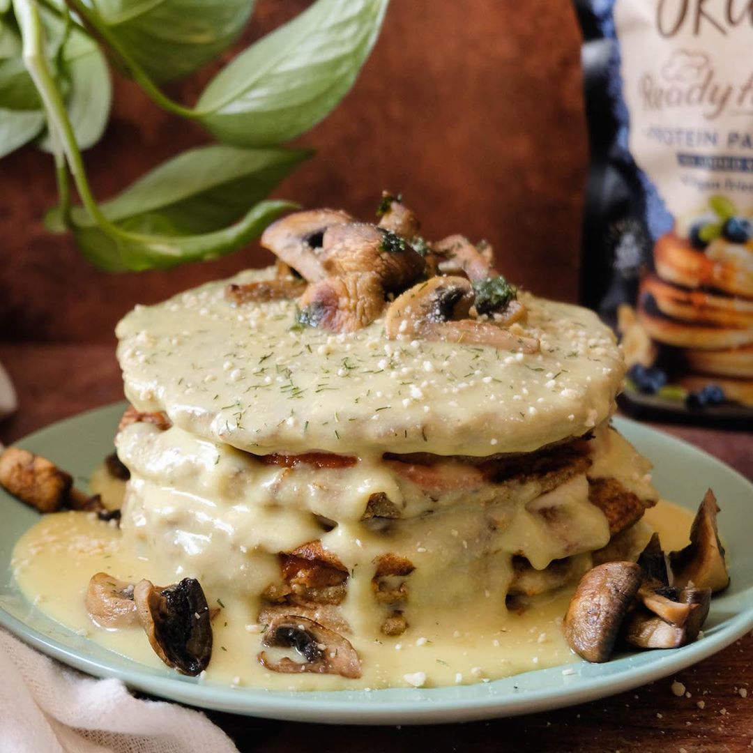 Savory Vegan Pancake with Garlic and Cheese Sauce