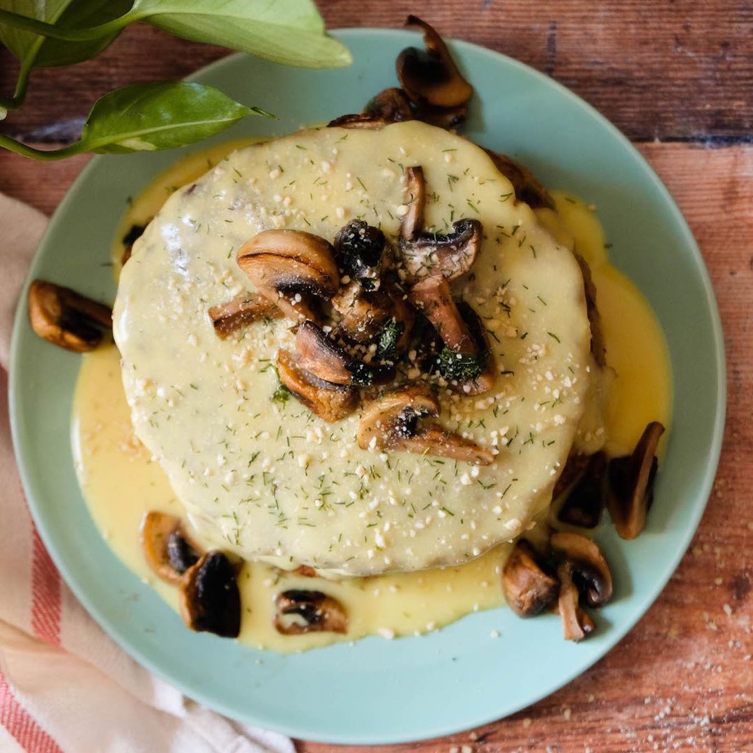 Savory Vegan Pancake with Garlic and Cheese Sauce