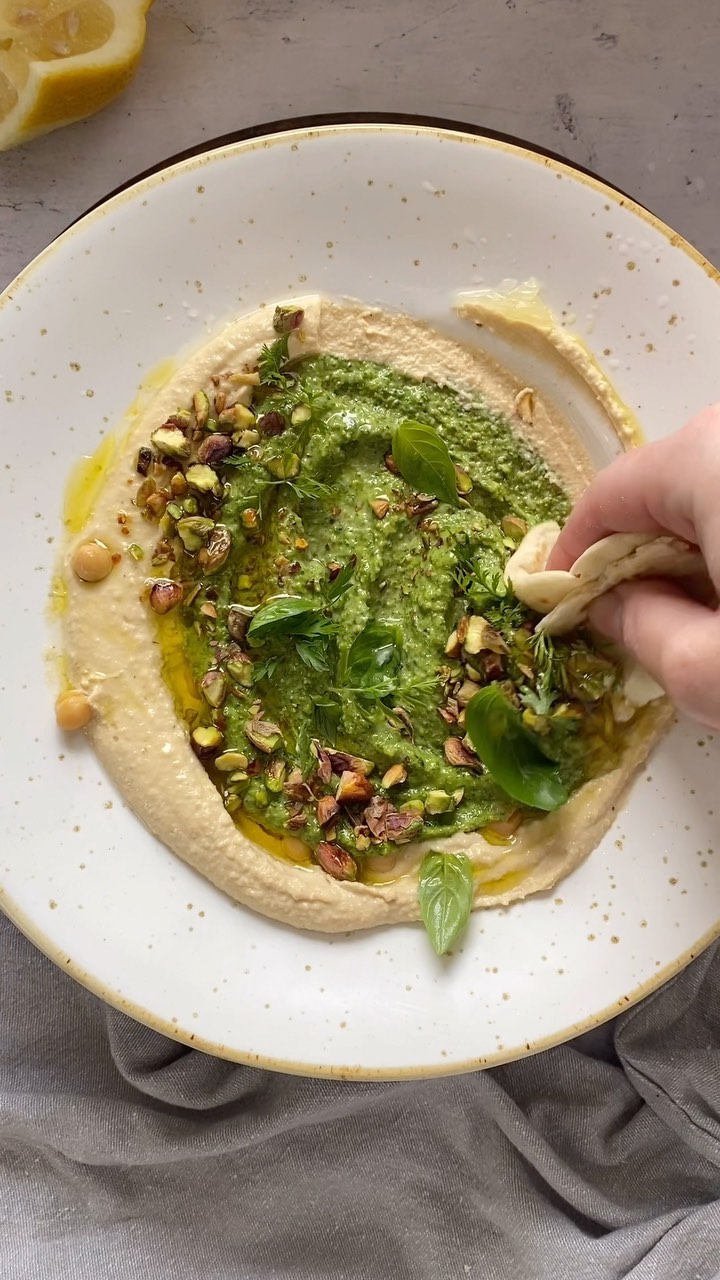 Hummus with Pistachio and Carrot Top Pesto