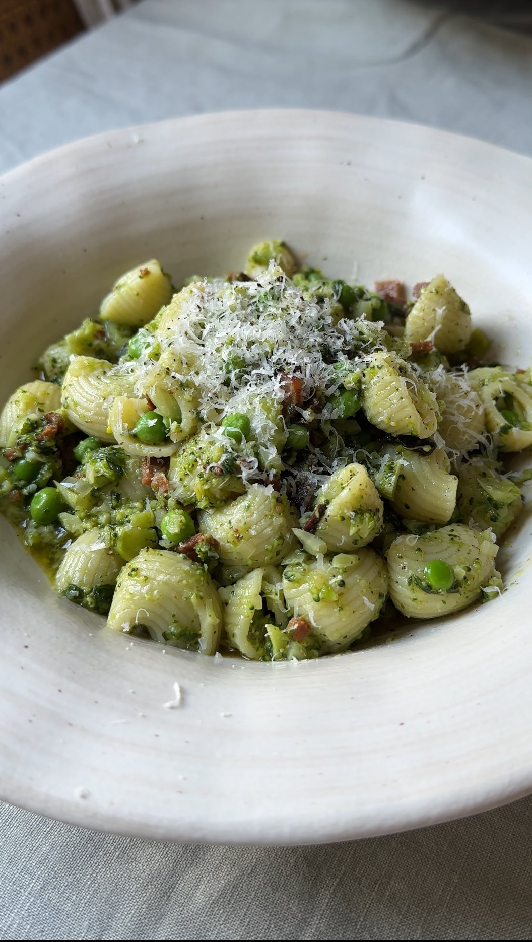 Bacon and Pesto Pasta with Broccoli and Peas