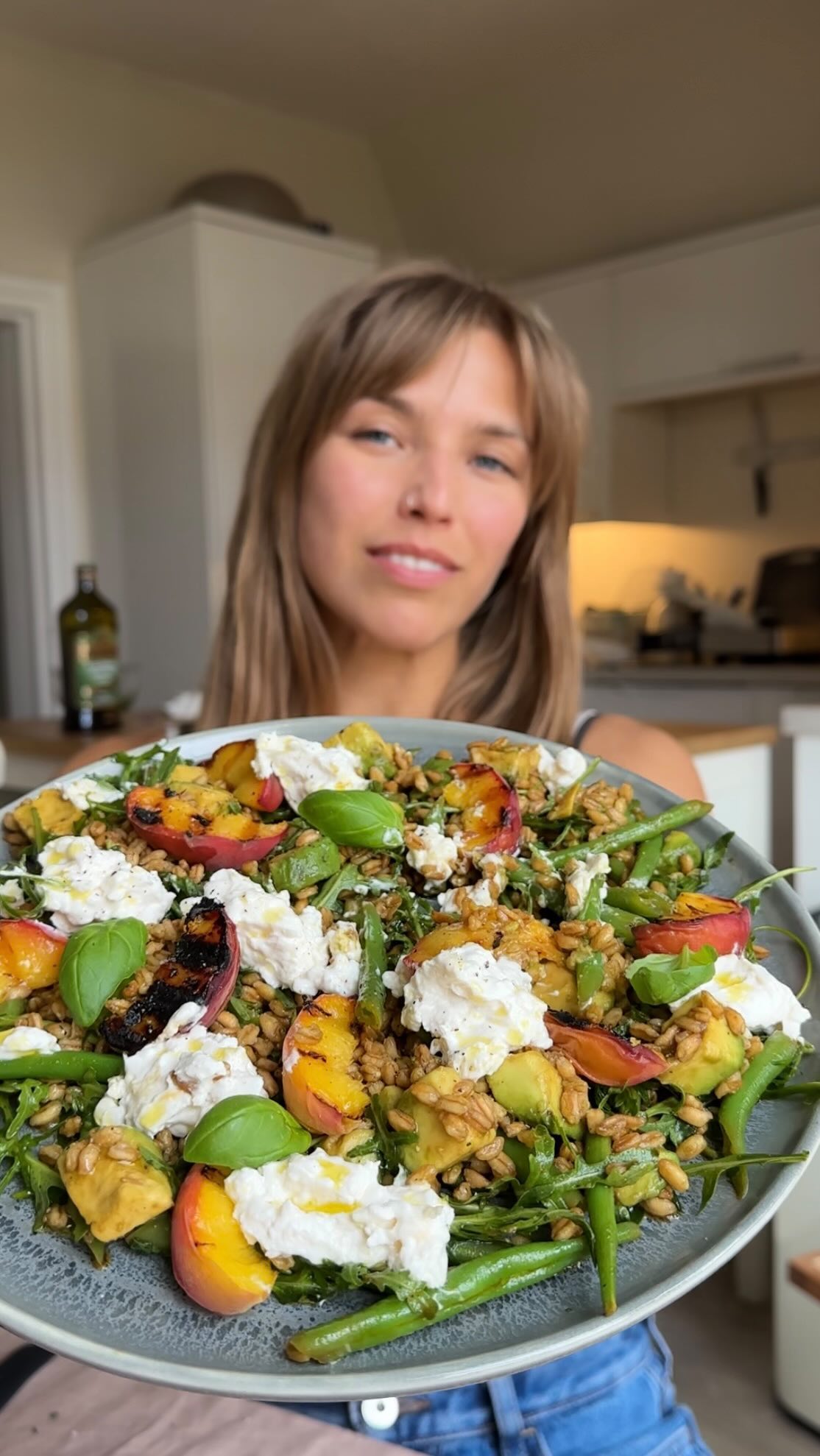 Grilled Peach and Spelt Salad with Stracciatella