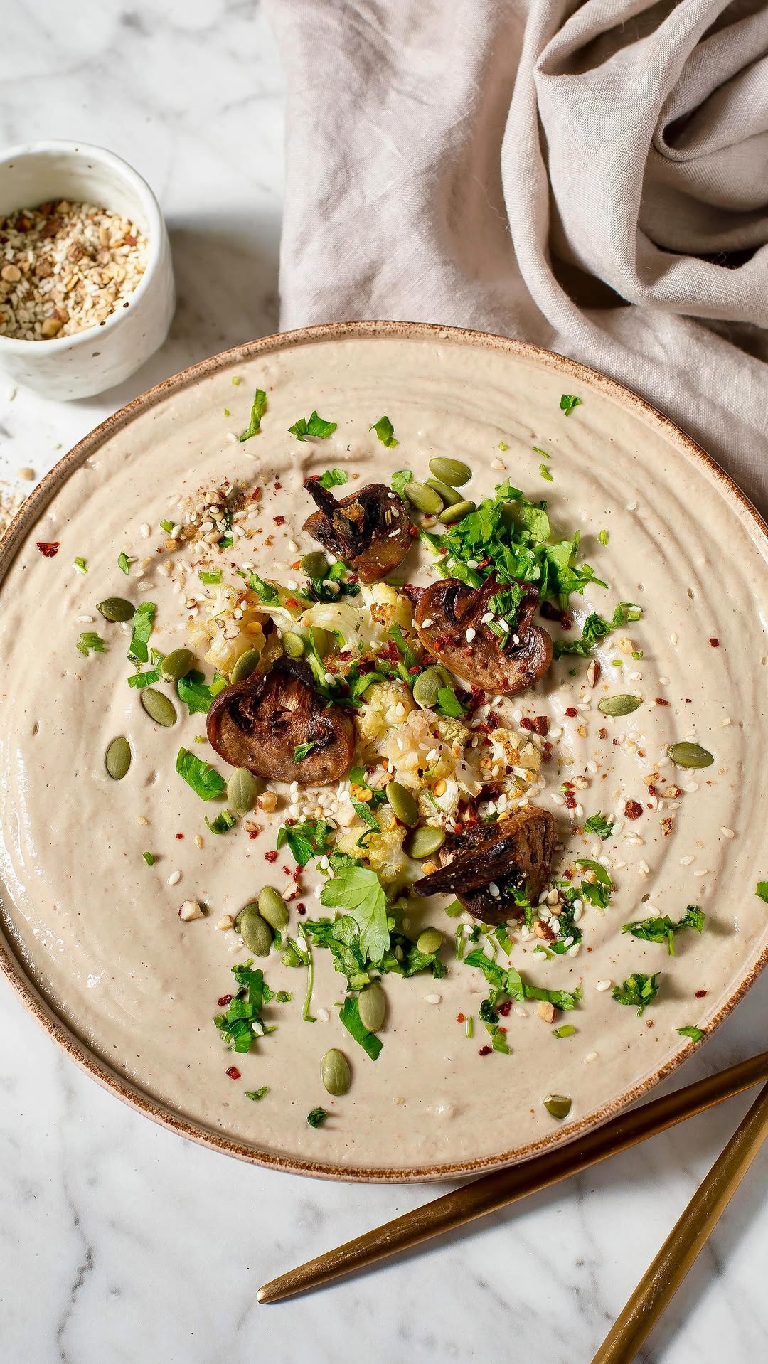 High-Protein Creamy Roasted Cauliflower and Mushroom Soup