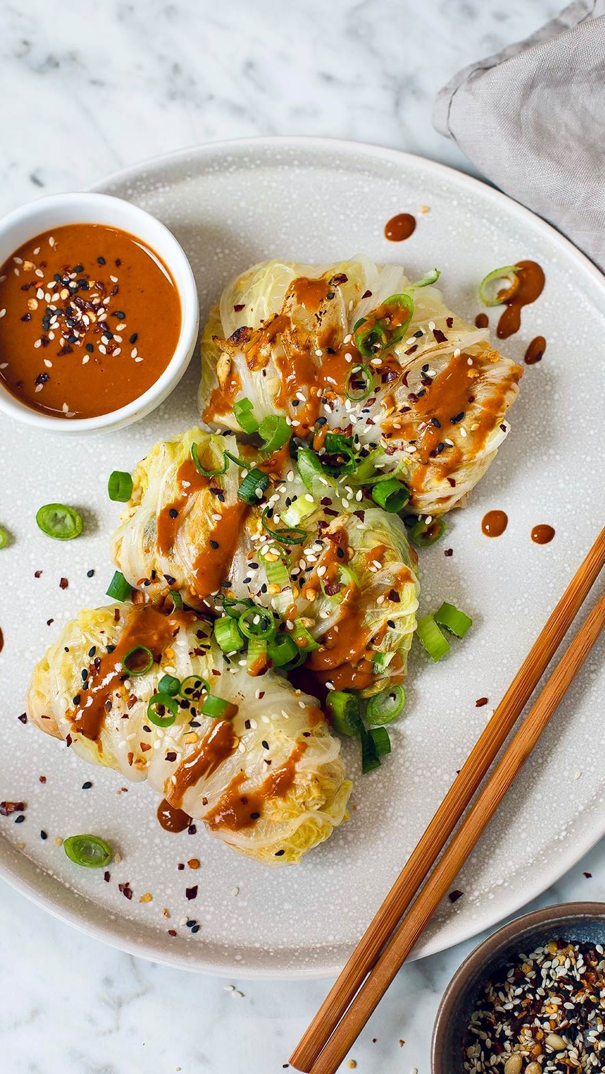 Crispy Stuffed Cabbage Rolls with Peanut Sauce