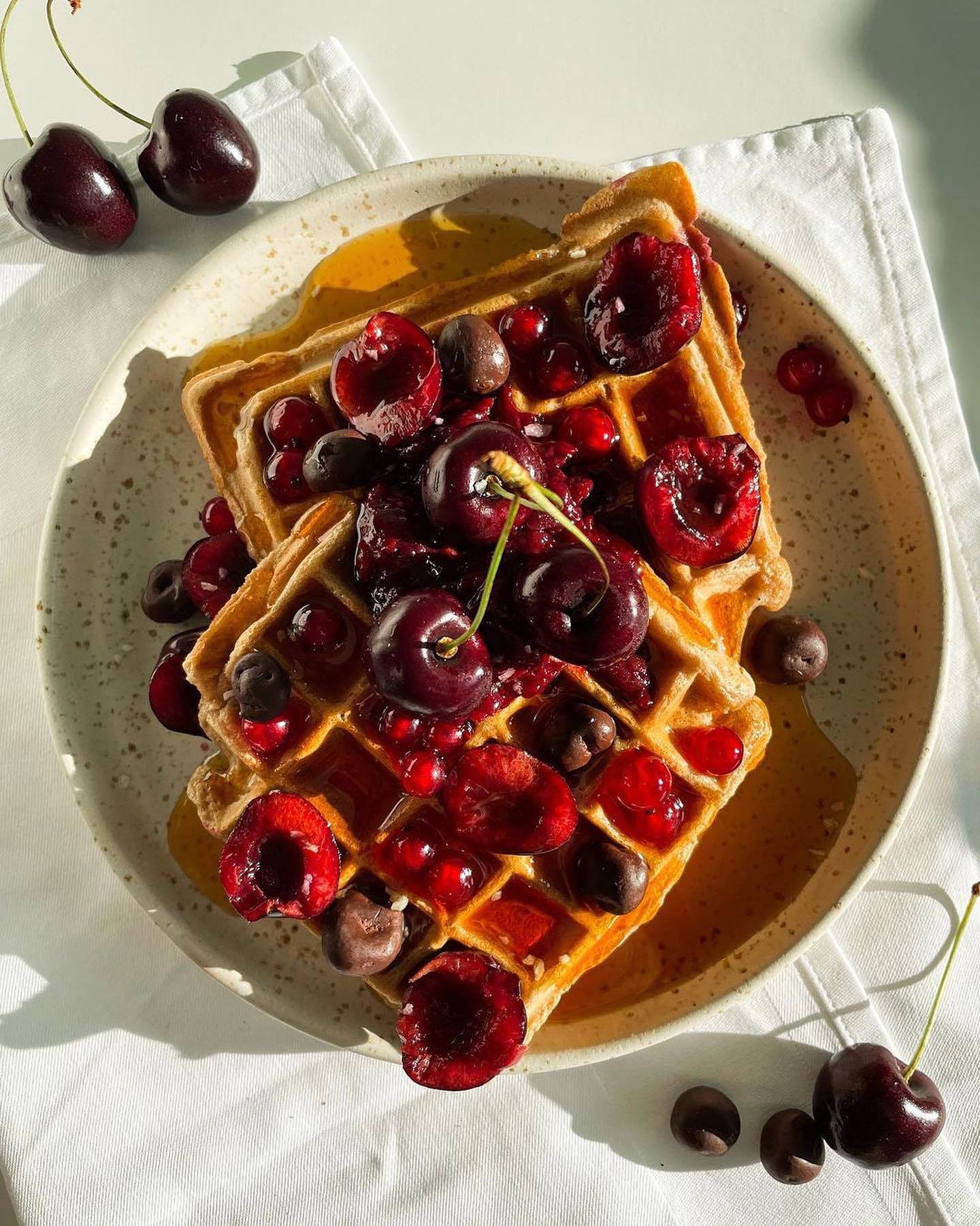 Cherry Waffles with Maple Syrup and Chocolate