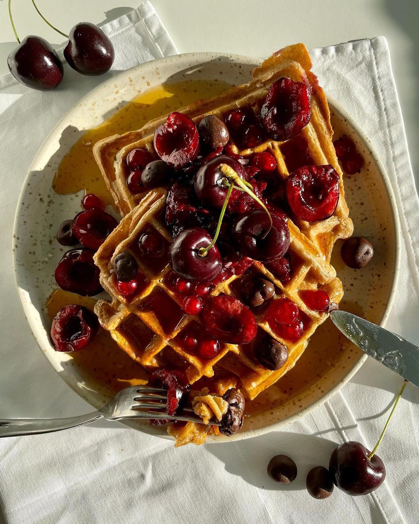 Cherry Waffles with Maple Syrup and Chocolate