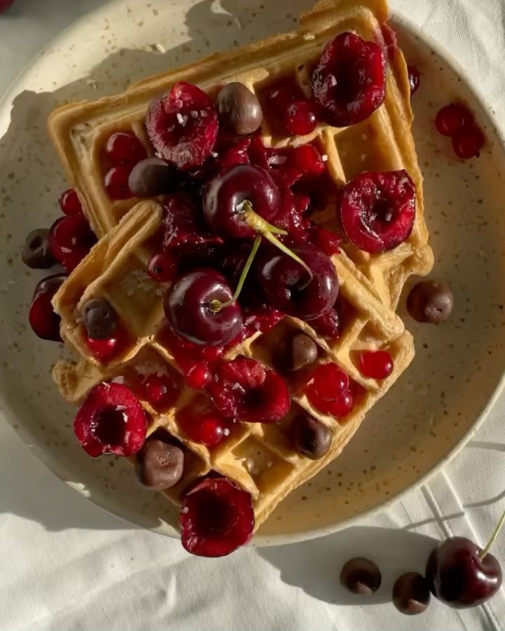 Cherry Waffles with Maple Syrup and Chocolate