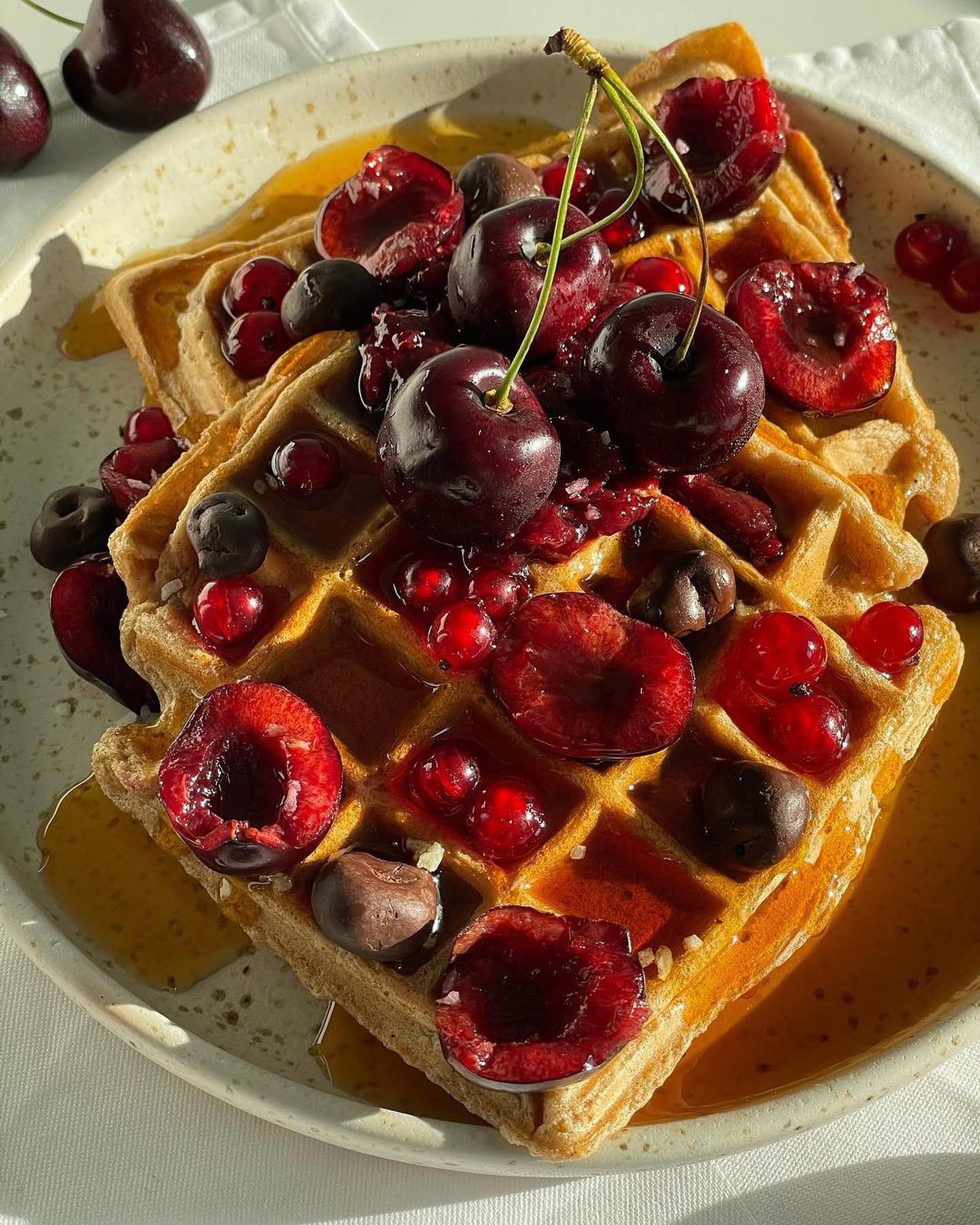 Cherry Waffles with Maple Syrup and Chocolate