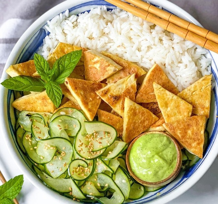 Crispy Tofu with Sesame Cucumber Salad and Wasabi Dressing