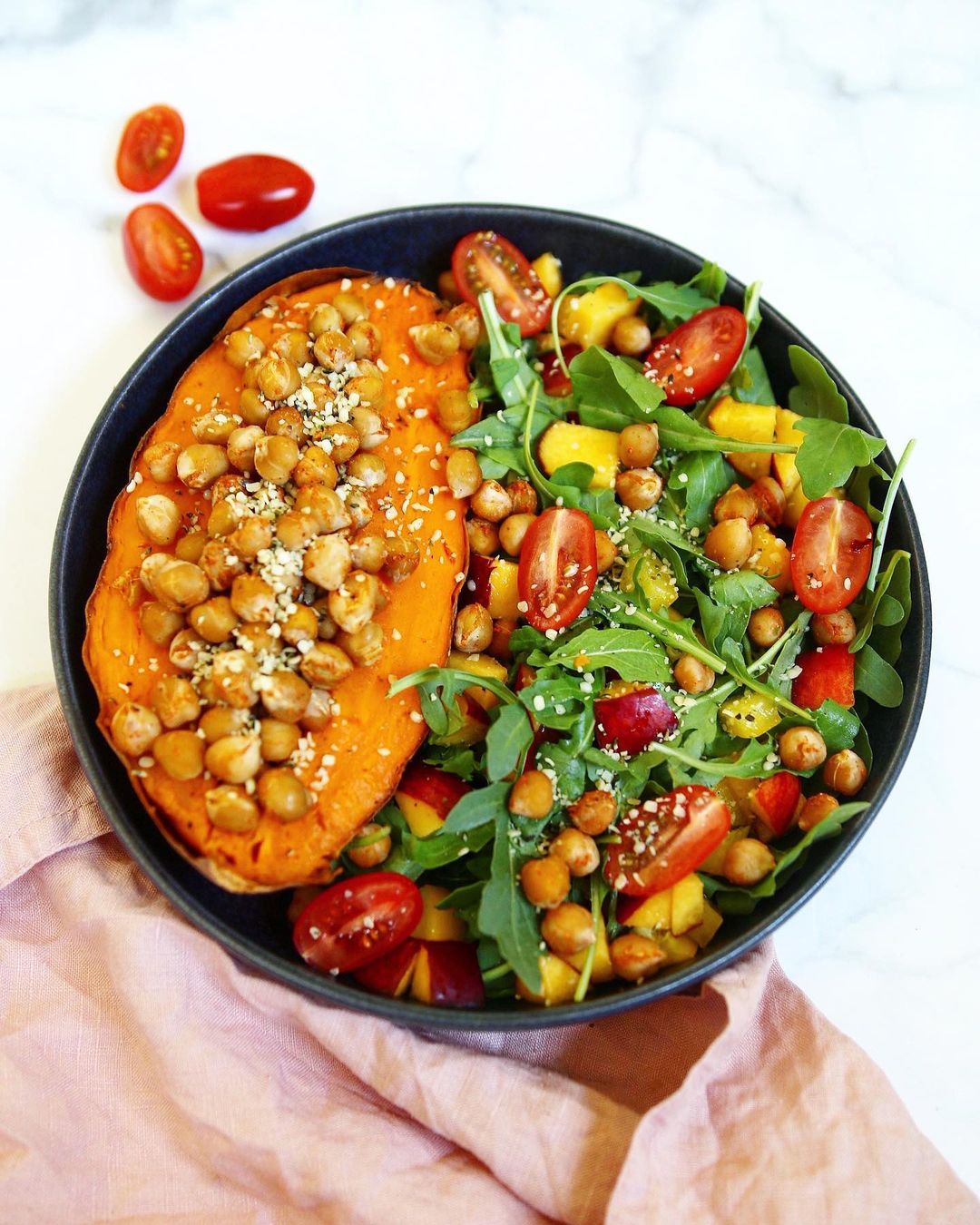 Oven Baked Sweet Potato with Chickpea Salad and Fruit