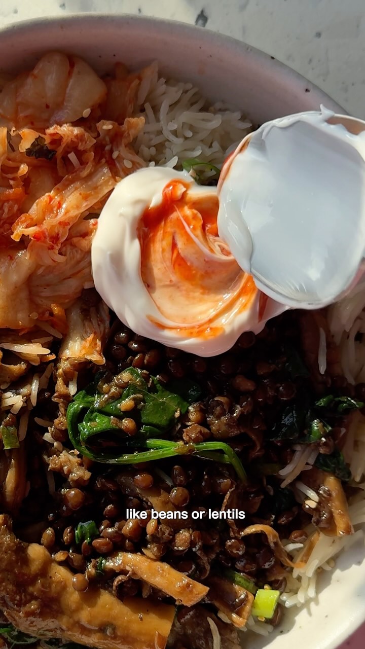 Soy Braised Lentil and Mushroom Rice Bowl