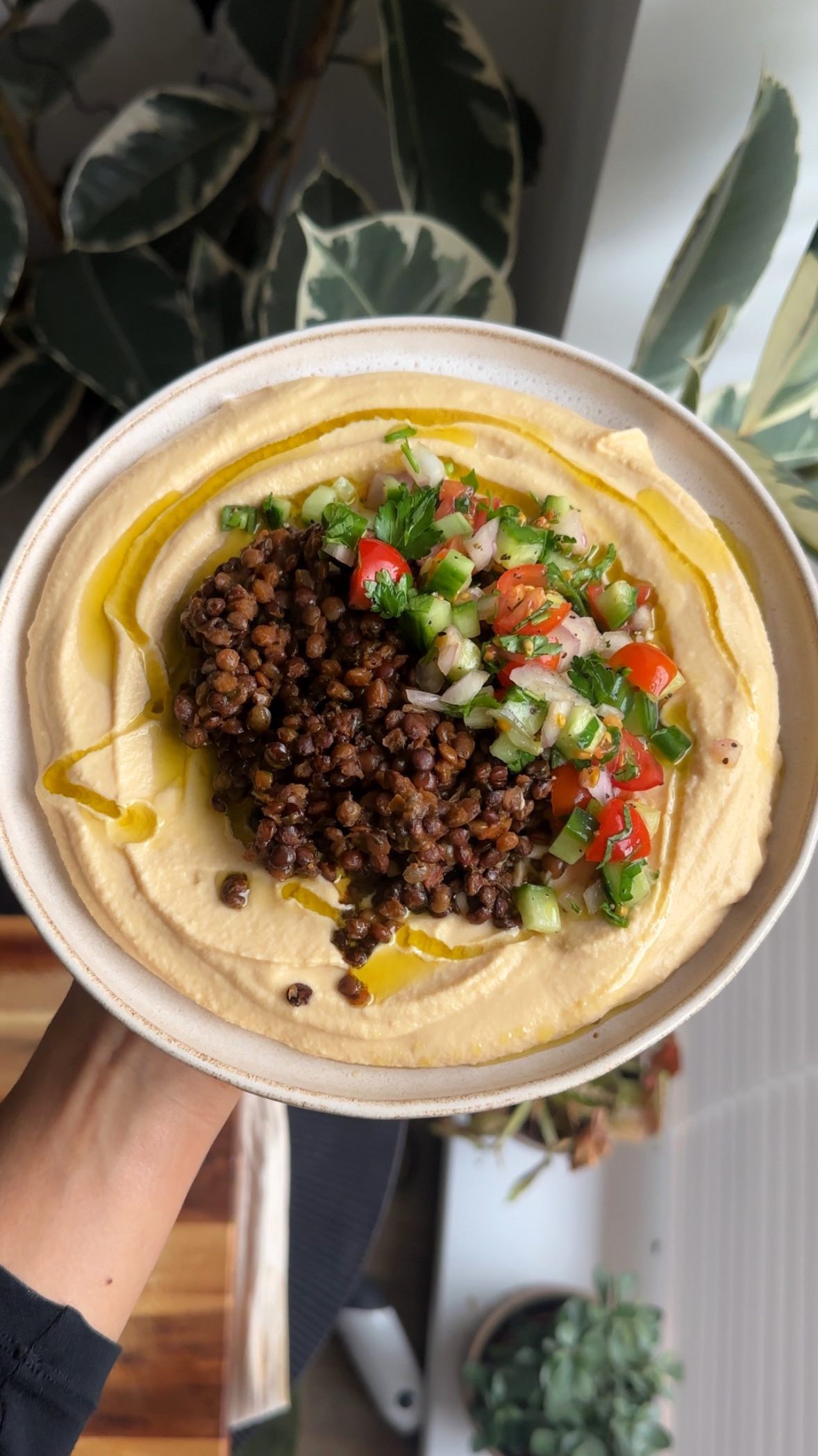 Tomatoey French Lentil Hummus Bowl