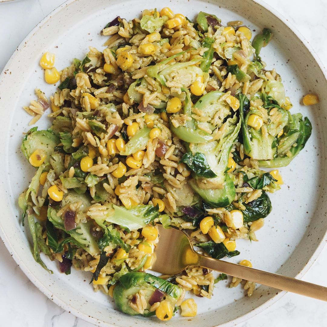 Pesto Brussels Sprouts and Corn with Legume Rice