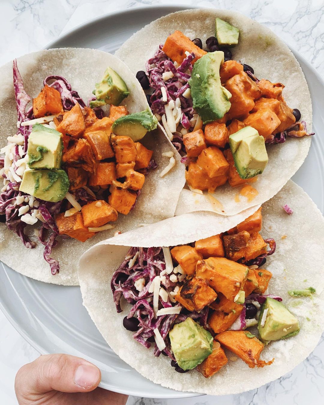 Buffalo Sweet Potato Tacos with Avocado and Beans