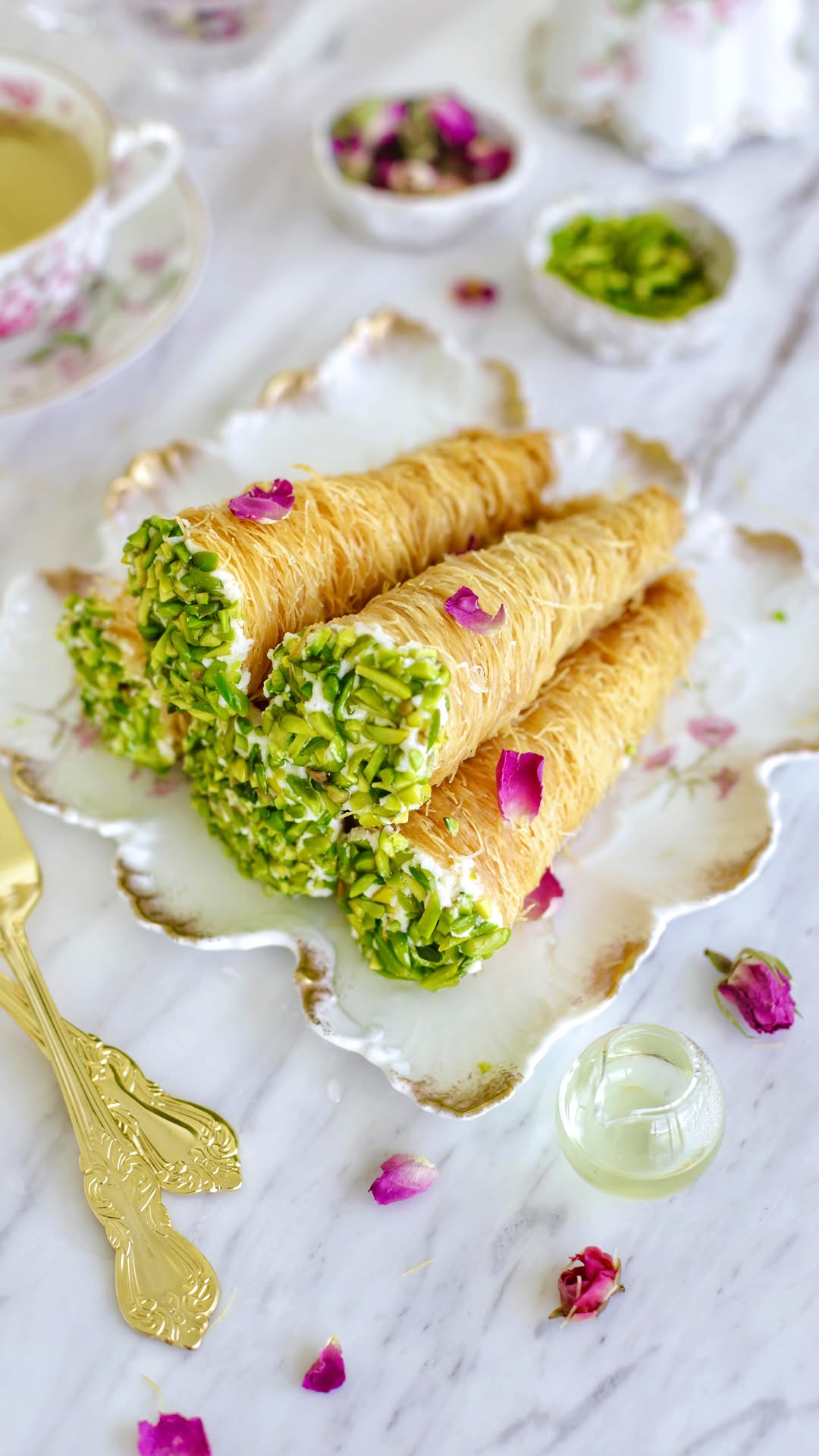 Vegan Kataifi Cones with Pistachio and Rose Syrup