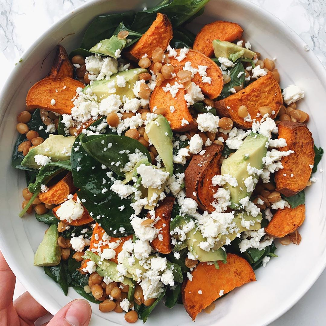 Sweet Potato and Lentil Spinach Salad with Avocado and Feta