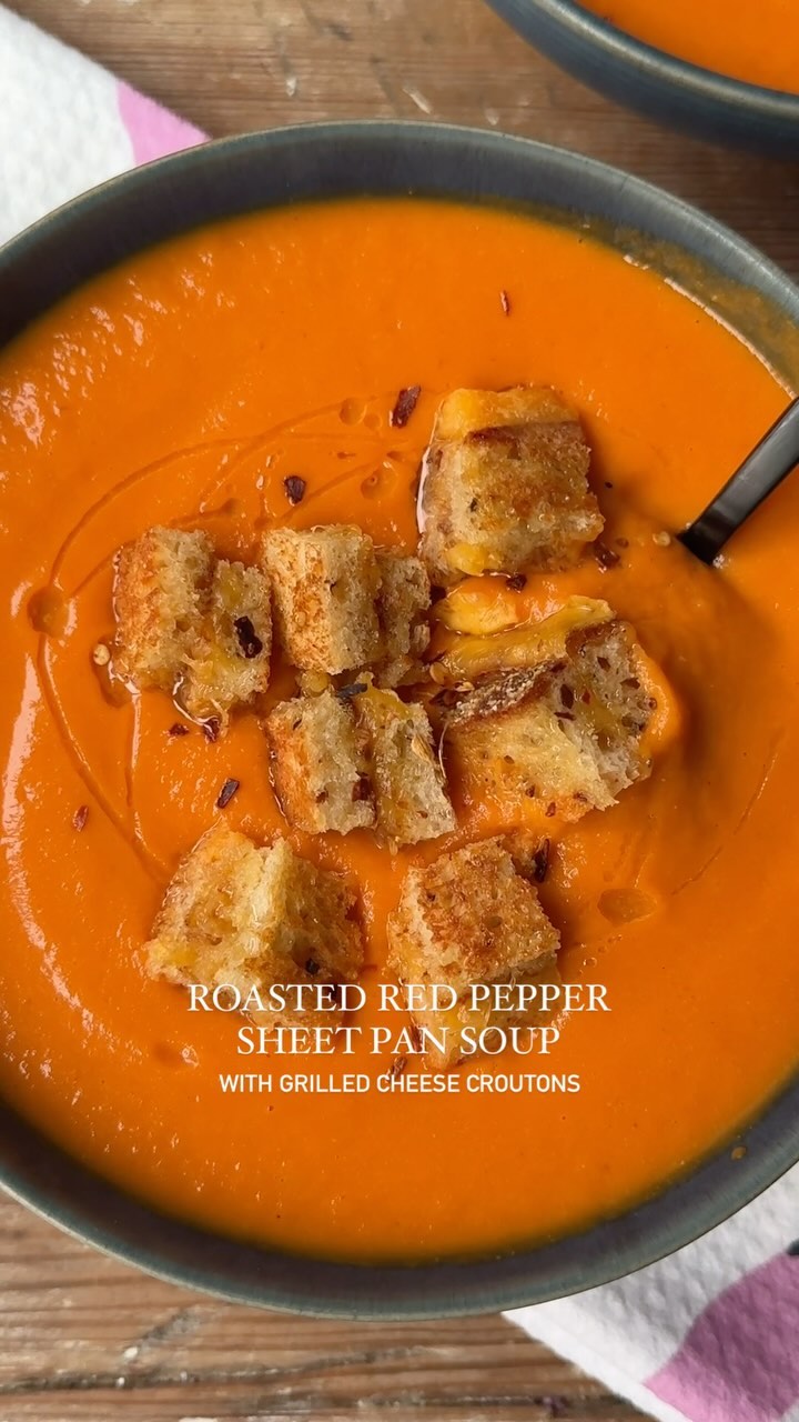 Roasted Red Pepper Soup with Grilled Cheese Croutons