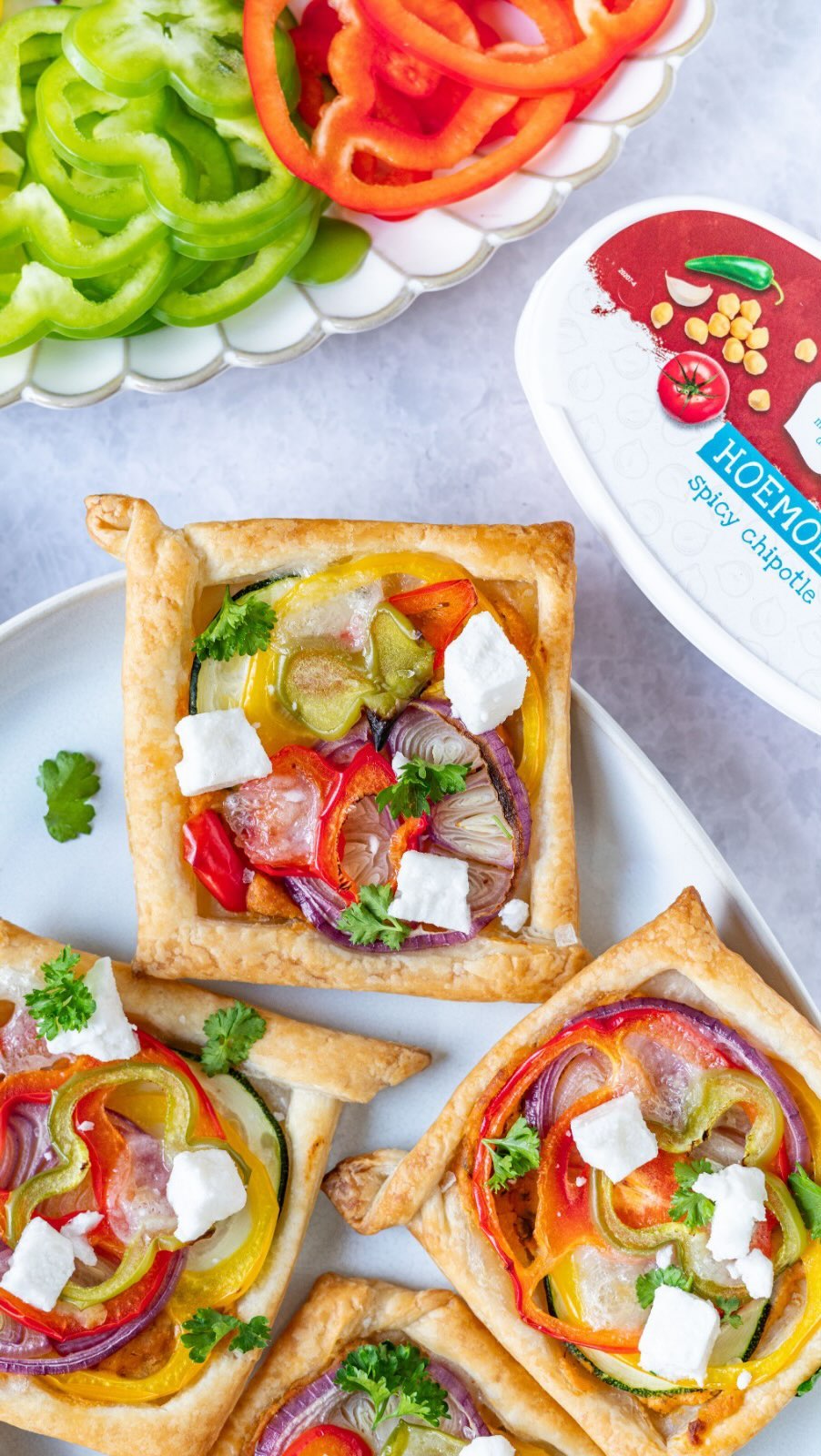 Puff Pastry Tarts with Vegetables and Spicy Chipotle Hummus