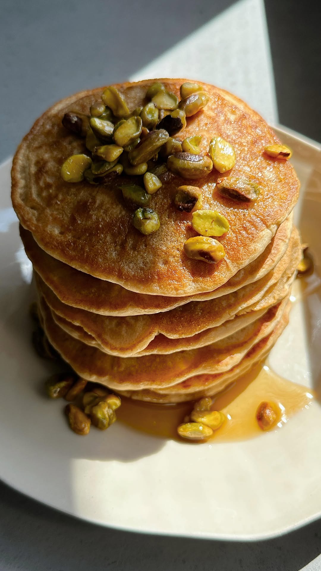 Fluffy Vegan Pancakes with Maple Pistachios