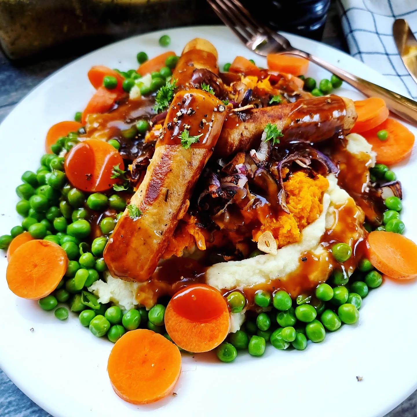 Vegan Bangers and Mash with Sweet Potato