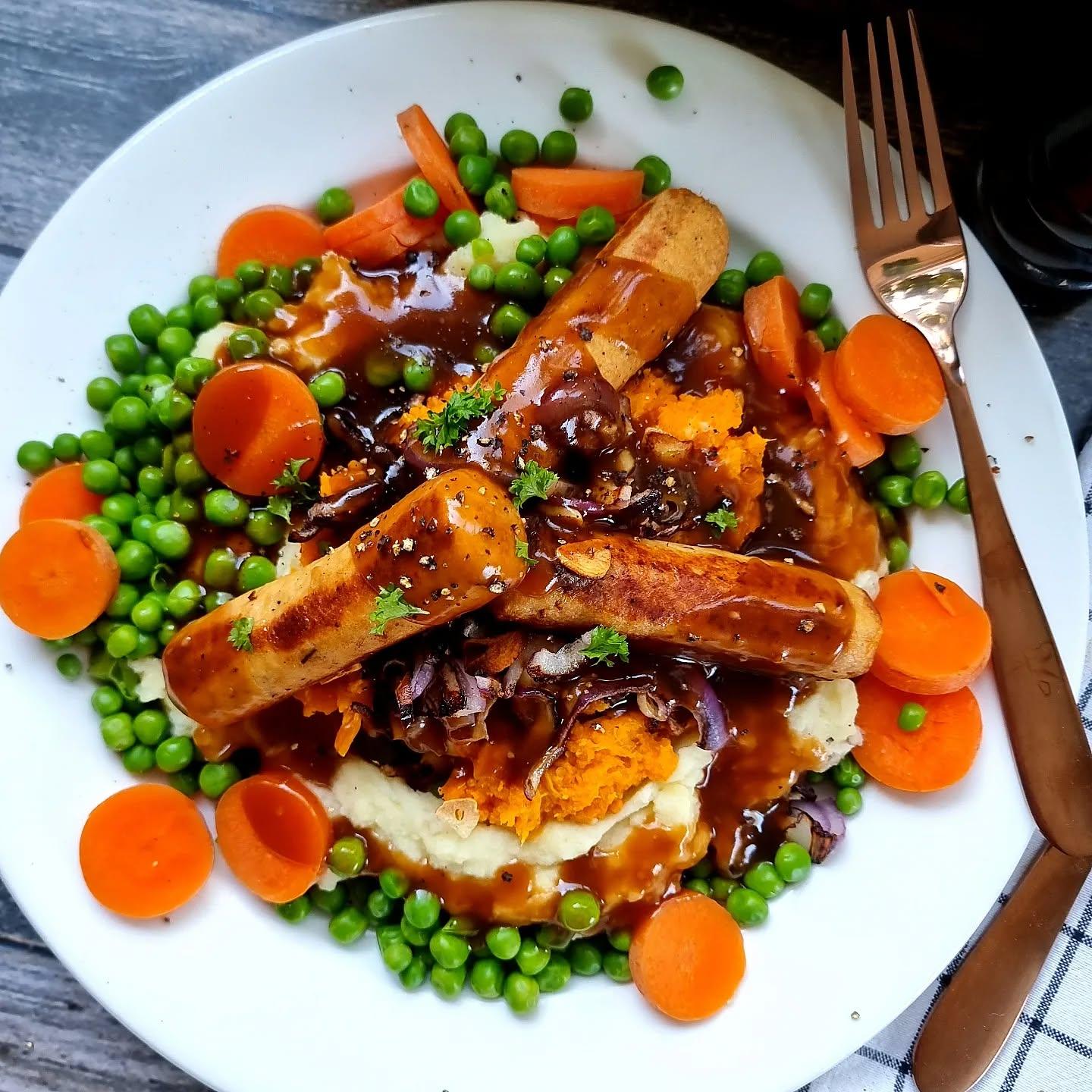Vegan Bangers and Mash with Sweet Potato