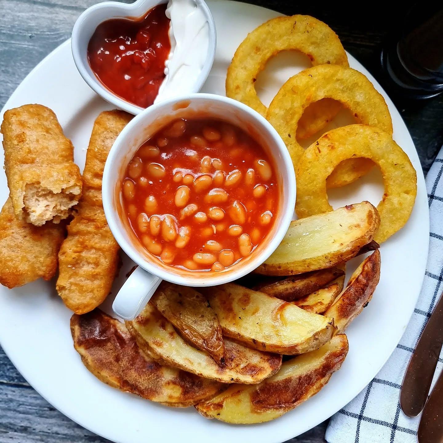 Vegan Battered Sausages with Wedges and Beans