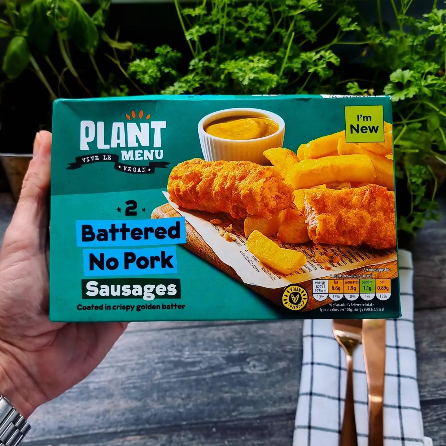 Vegan Battered Sausages with Wedges and Beans