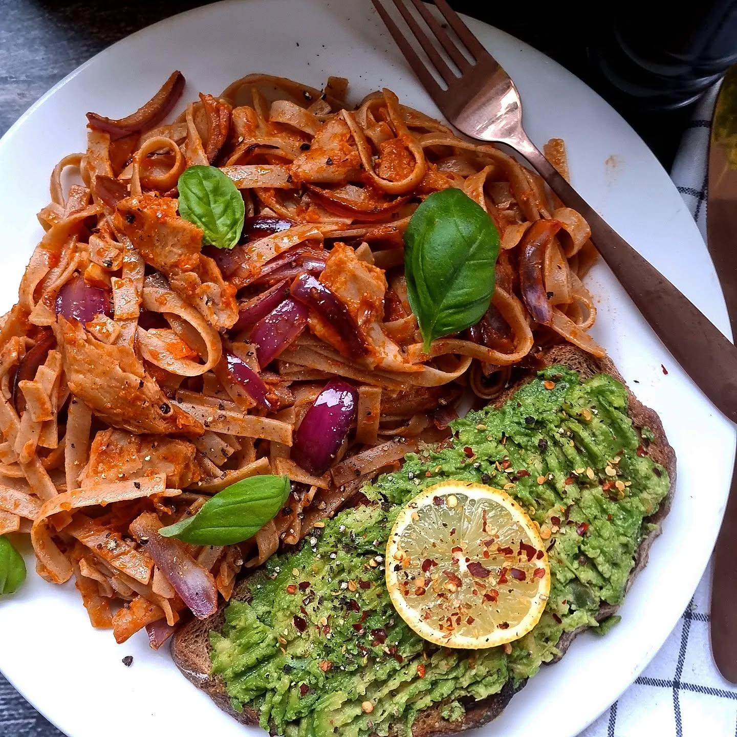 Vegan Red Pesto Pasta with Avocado Toast