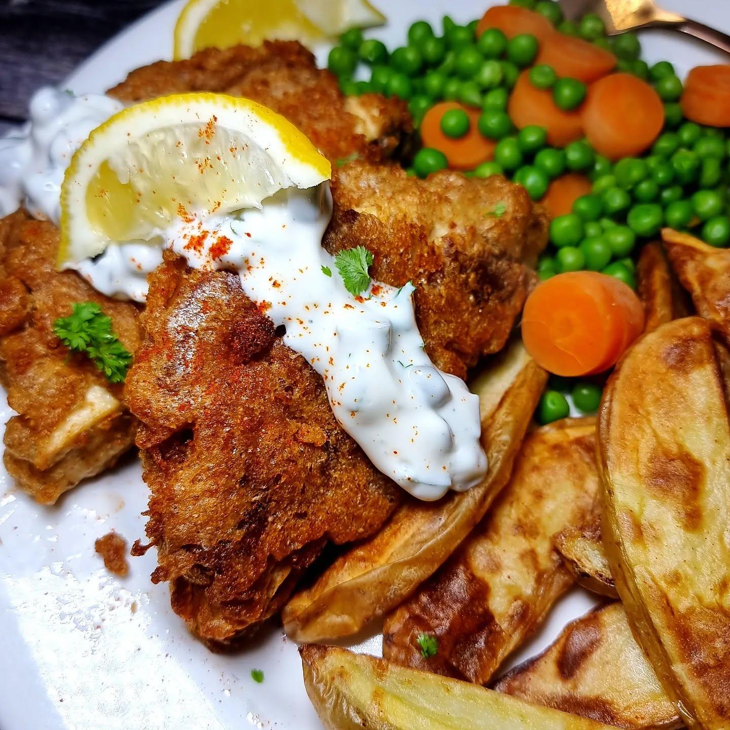 Ale Battered Tofish with Tartare Sauce and Vegetables