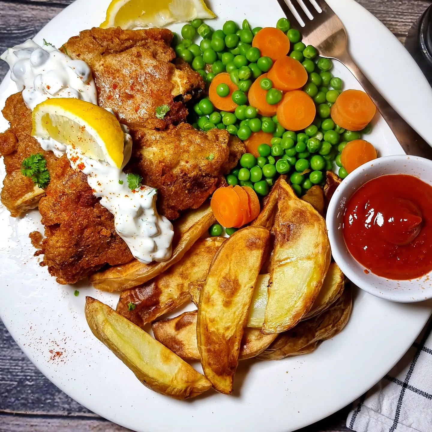 Ale Battered Tofish with Tartare Sauce and Vegetables