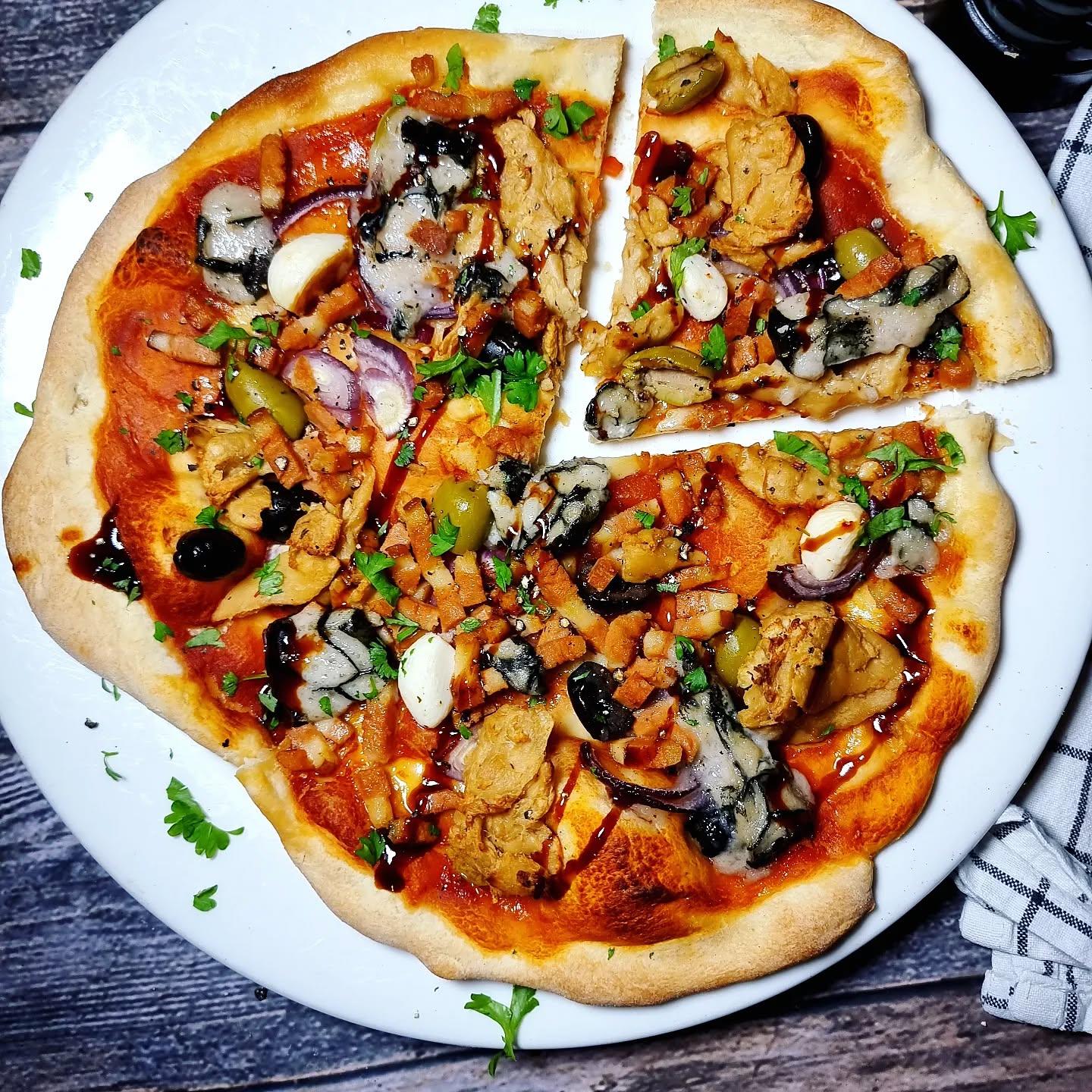 Vegan Blue Cheese Chicken Bacon Pizza