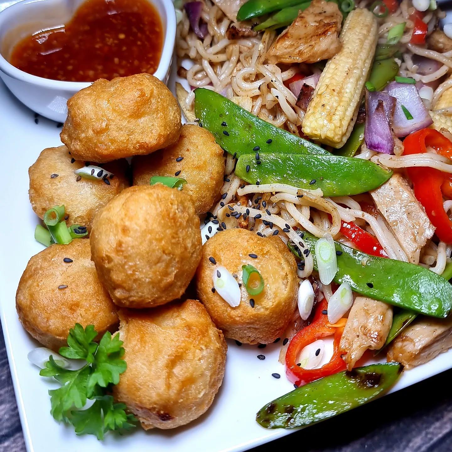 Vegan Chinese Stir Fry with Noodles and Chicken Balls
