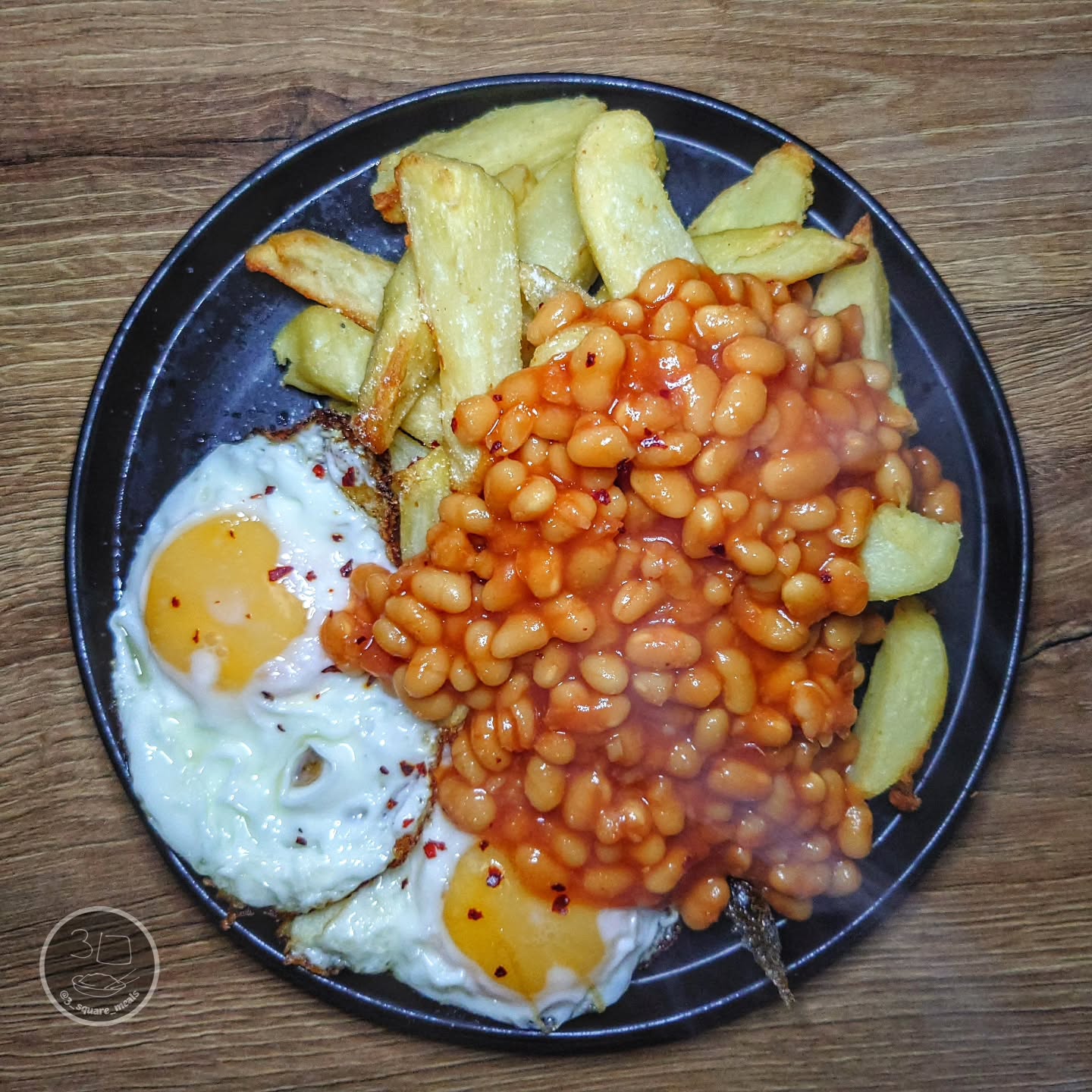 Fried Eggs with Chips and Baked Beans