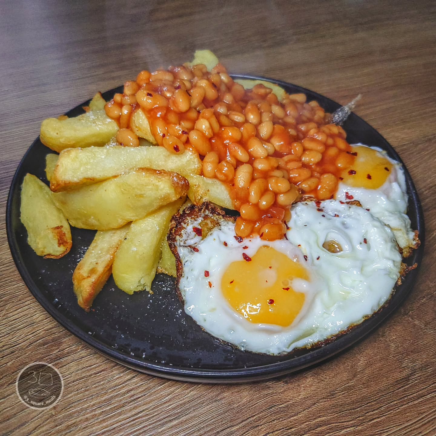 Fried Eggs with Chips and Baked Beans