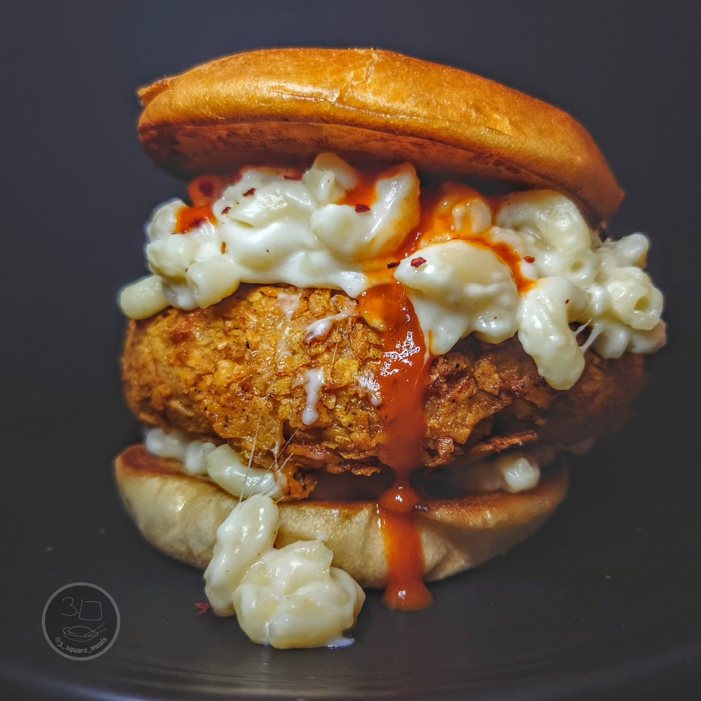 Dorito-Coated Chicken Burger with Mac and Cheese