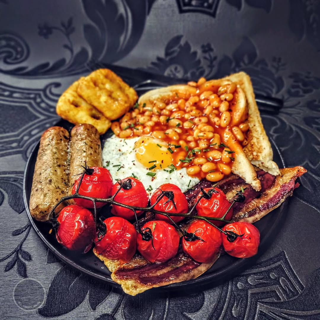Vegetarian Breakfast with Sausages and Hash Browns