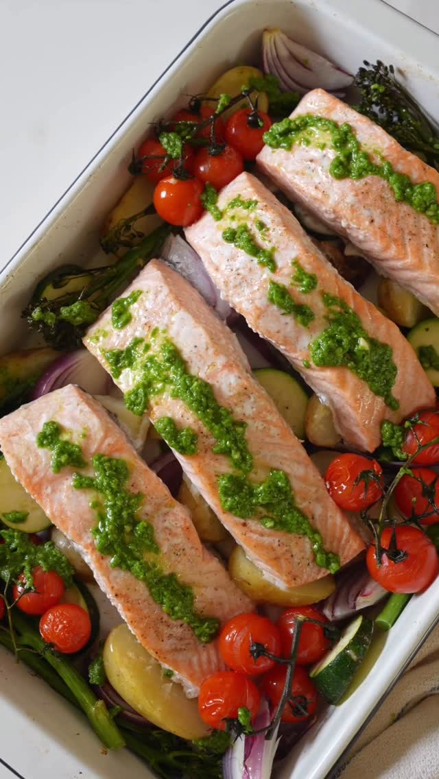 Salmon and Vegetable Traybake with Basil Drizzle