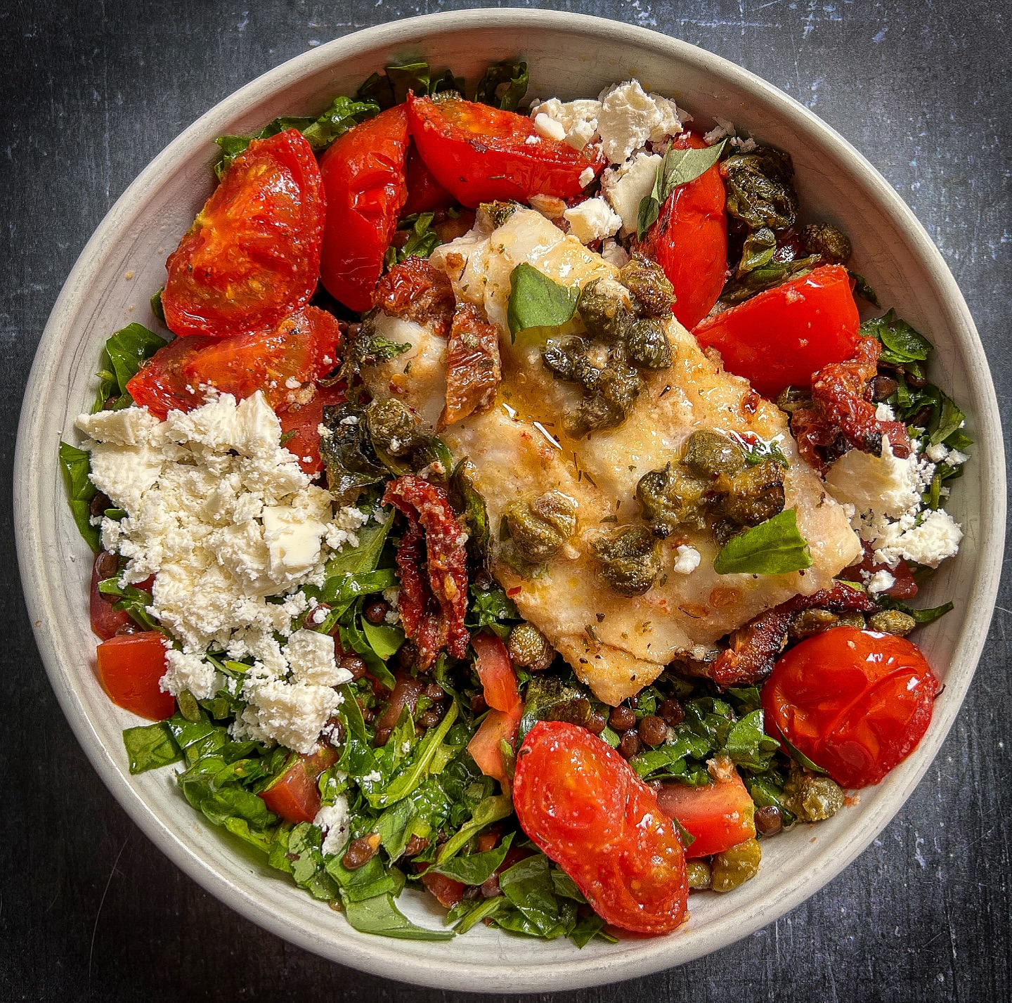 Roasted Mediterranean Cod with Lentil and Spinach Salad