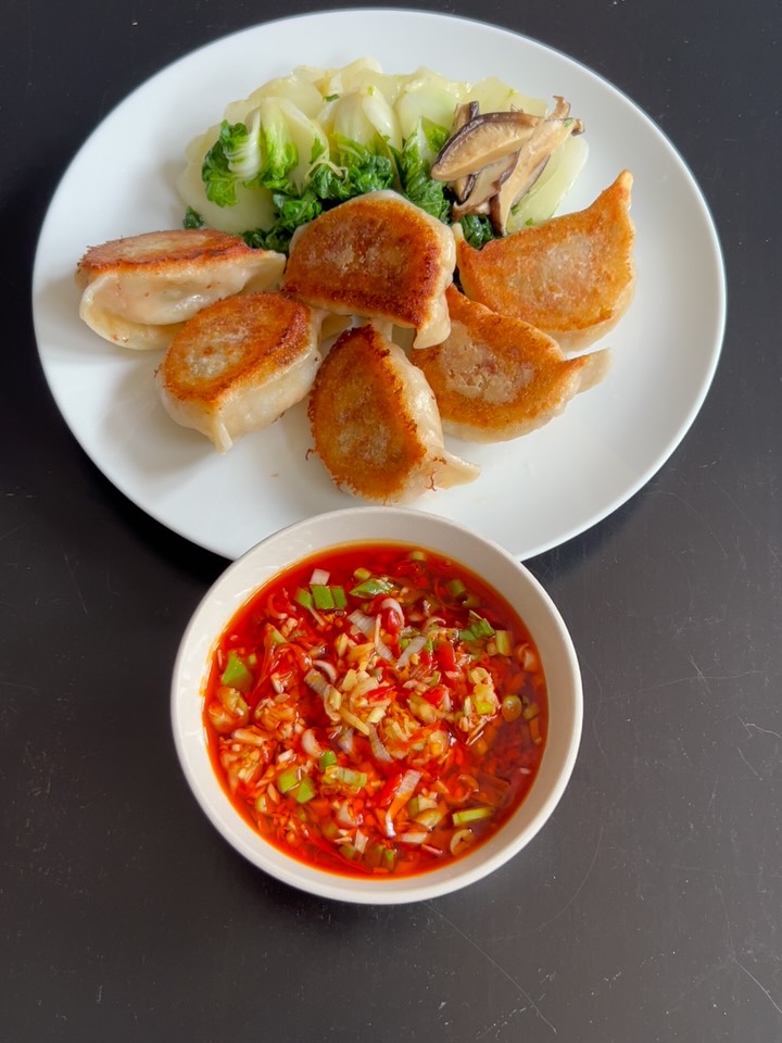 Crispy Chicken Dumplings with Spicy Salsa and Sautéed Bok Choy