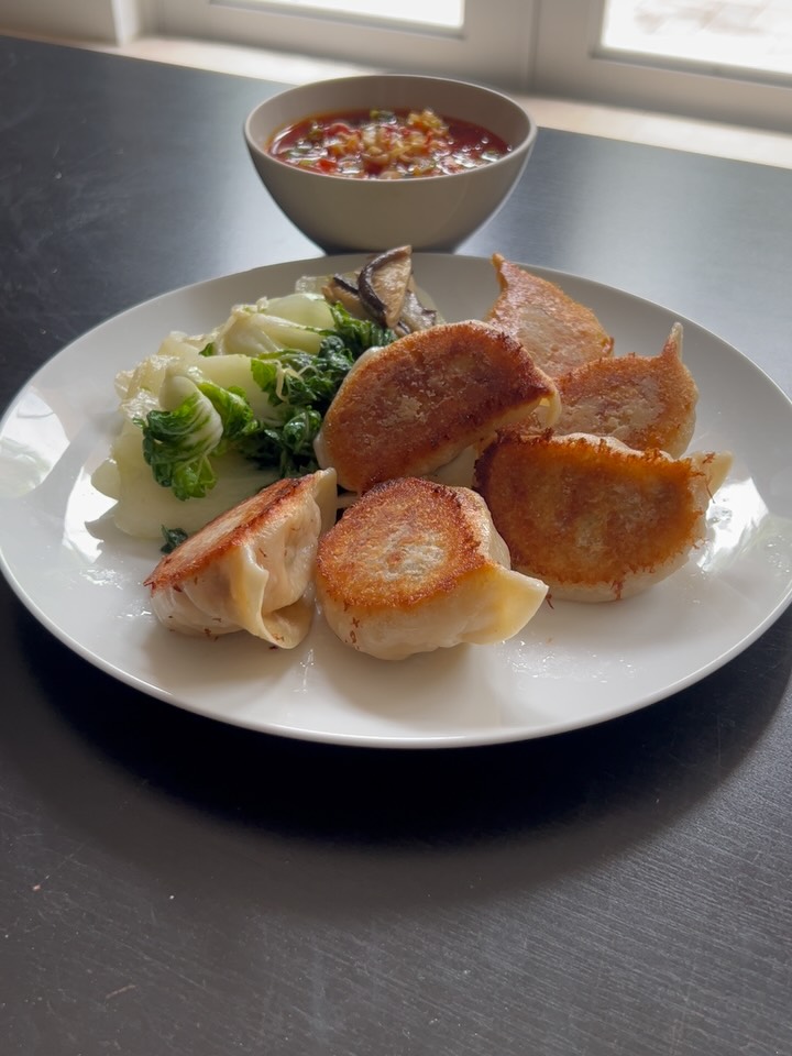 Crispy Chicken Dumplings with Spicy Salsa and Sautéed Bok Choy