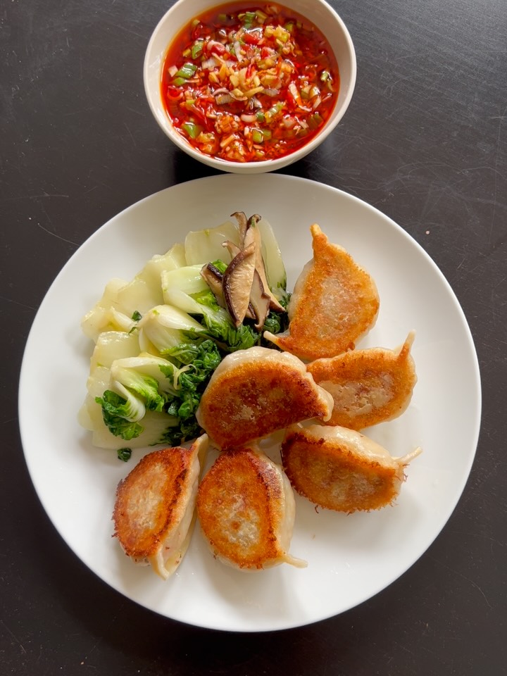 Crispy Chicken Dumplings with Spicy Salsa and Sautéed Bok Choy