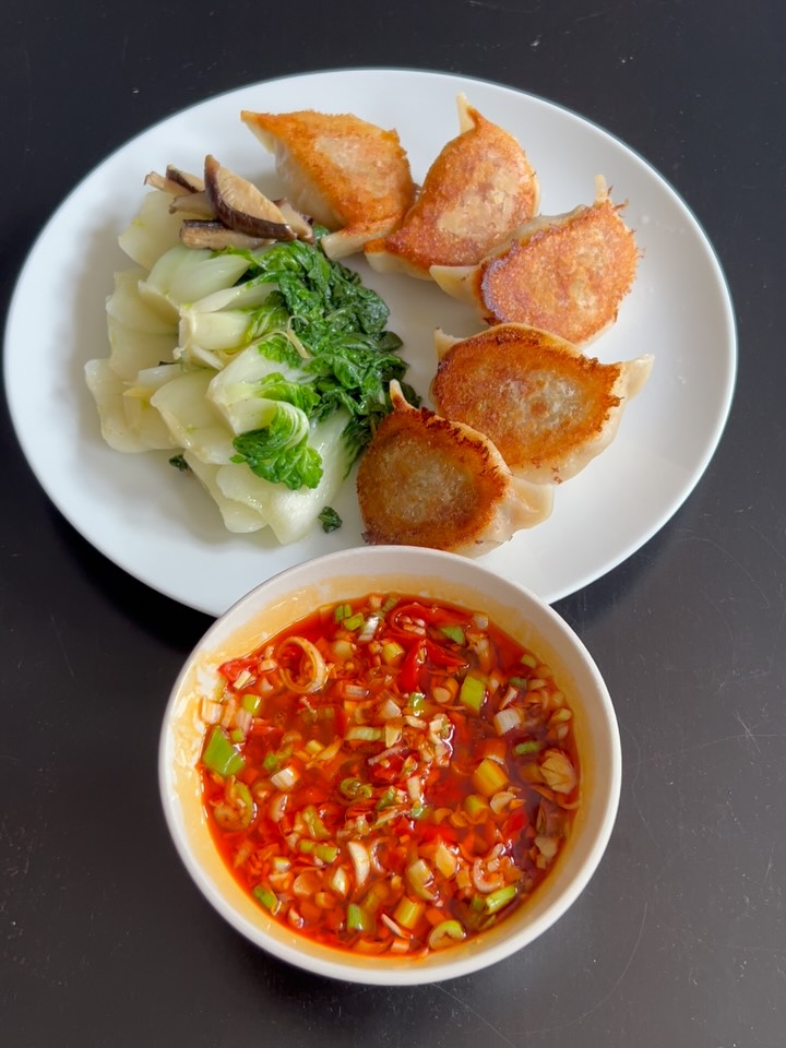 Crispy Chicken Dumplings with Spicy Salsa and Sautéed Bok Choy