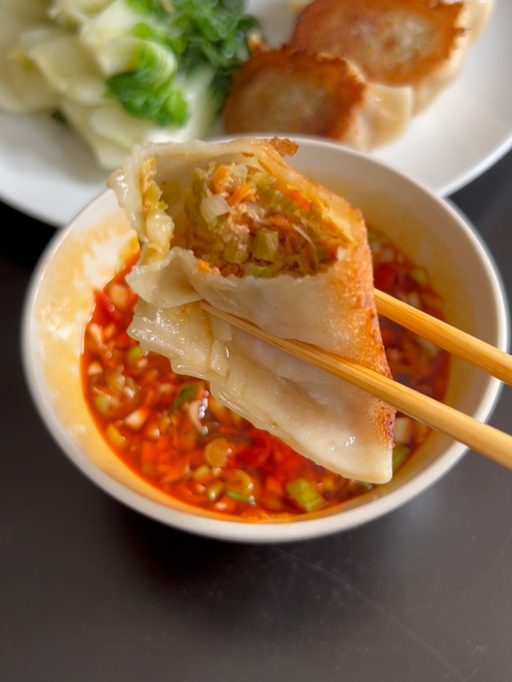 Crispy Chicken Dumplings with Spicy Salsa and Sautéed Bok Choy