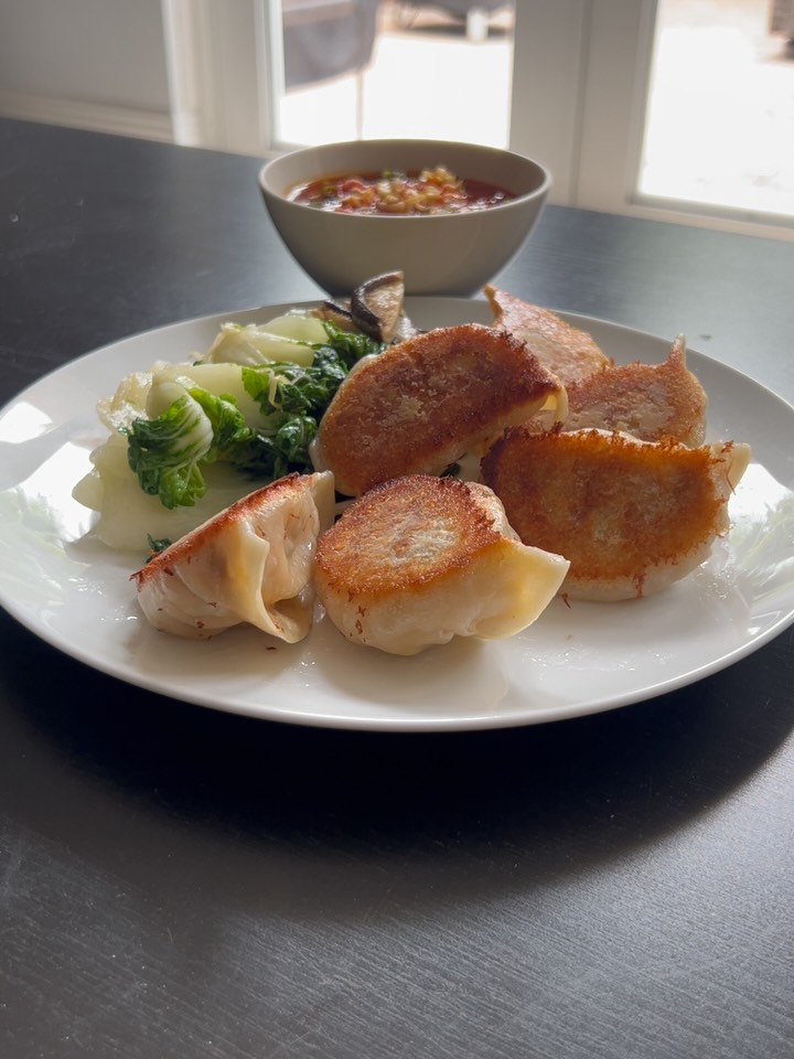 Crispy Chicken Dumplings with Spicy Salsa and Sautéed Bok Choy